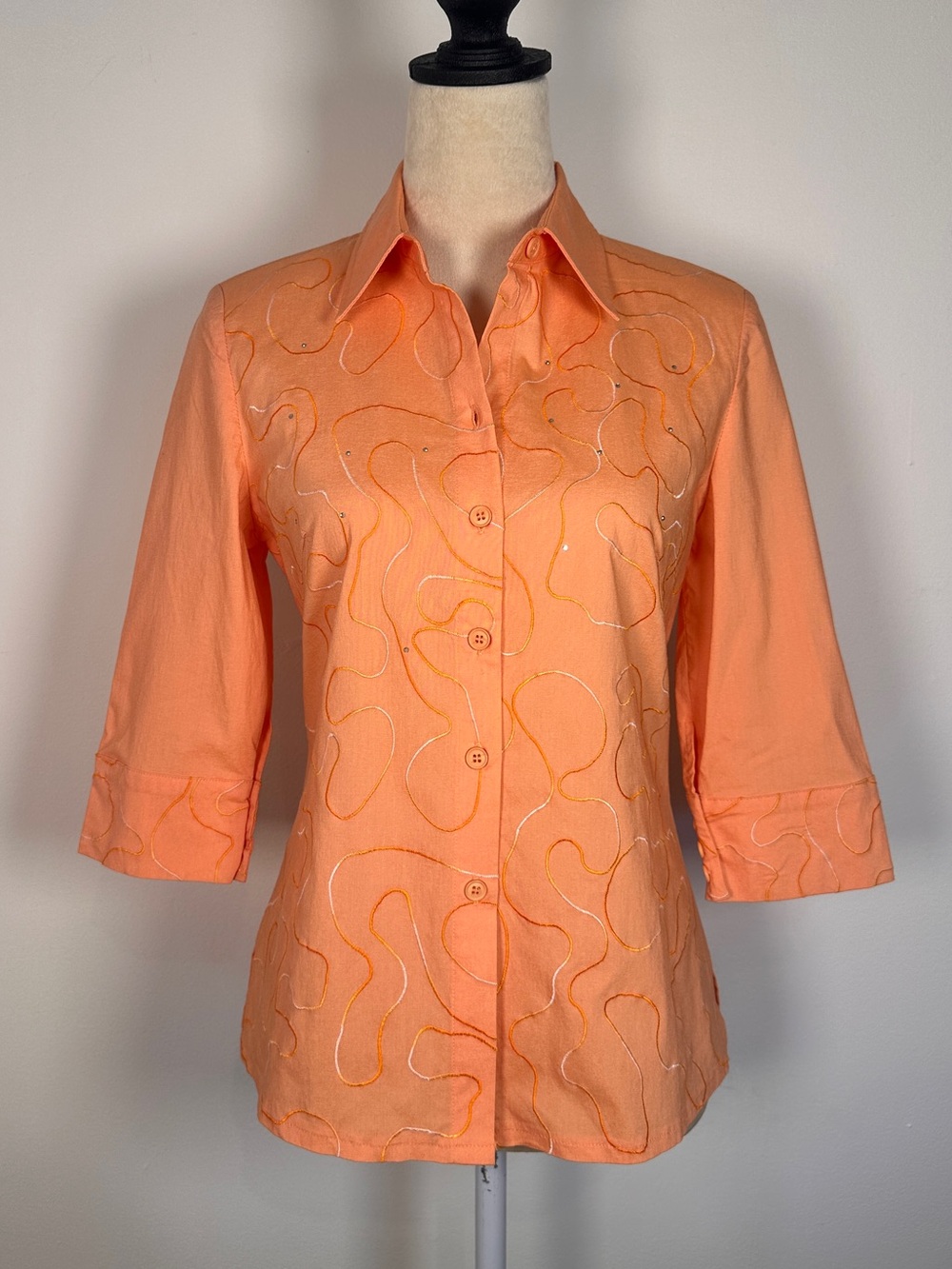Vintage MISV Embroidered Button-Up Shirt | Peach Cotton Blouse | Size 38